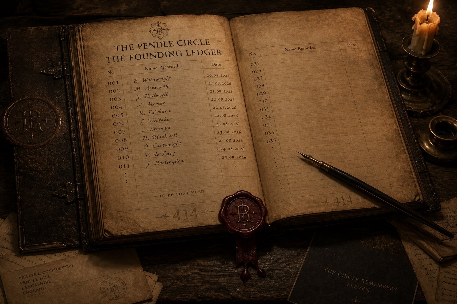 An illustrative ceremonial Founding Ledger; names shown are fictional atmosphere, not current members