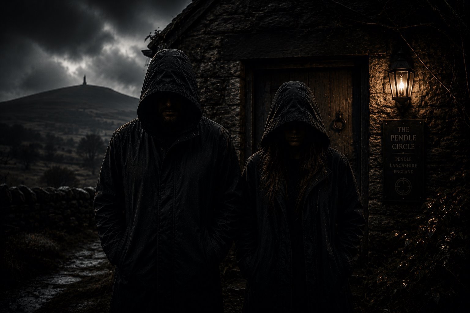 The current Keepers outside a stone dwelling in Pendle, Lancashire.